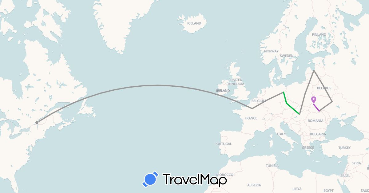 TravelMap itinerary: driving, bus, plane, train in Canada, Czech Republic, Germany, France, Hungary, Latvia, Poland, Ukraine (Europe, North America)